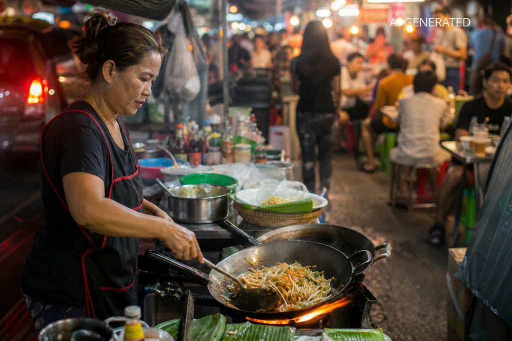 Fotografia ukazuje uliczną sprzedawczynię przy dużym woku, przygotowującą pad thai na nocnym targu w Bangkoku — płonący ogień, para i kolorowe składniki tworzą główny motyw. Na pierwszym planie widoczne są woka z makaronem, kiełkami i przyprawami oraz blaty z naczyniami, a w tle rozmyta scena z siedzącymi klientami i stoiskami, utrzymana w realistycznym, reporterskim ujęciu z płytką głębią ostrości. Ciepła kolorystyka (pomarańcze, żółcie) z neonowymi akcentami i naturalne oświetlenie nadają obrazowi autentyczny charakter, idealny jako nagłówek artykułu, ilustracja przewodnika kulinarnego lub materiał do wpisu o street foodzie w Bangkoku.