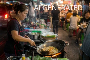 Fotografia ukazuje uliczną sprzedawczynię przy dużym woku, przygotowującą pad thai na nocnym targu w Bangkoku — płonący ogień, para i kolorowe składniki tworzą główny motyw. Na pierwszym planie widoczne są woka z makaronem, kiełkami i przyprawami oraz blaty z naczyniami, a w tle rozmyta scena z siedzącymi klientami i stoiskami, utrzymana w realistycznym, reporterskim ujęciu z płytką głębią ostrości. Ciepła kolorystyka (pomarańcze, żółcie) z neonowymi akcentami i naturalne oświetlenie nadają obrazowi autentyczny charakter, idealny jako nagłówek artykułu, ilustracja przewodnika kulinarnego lub materiał do wpisu o street foodzie w Bangkoku.