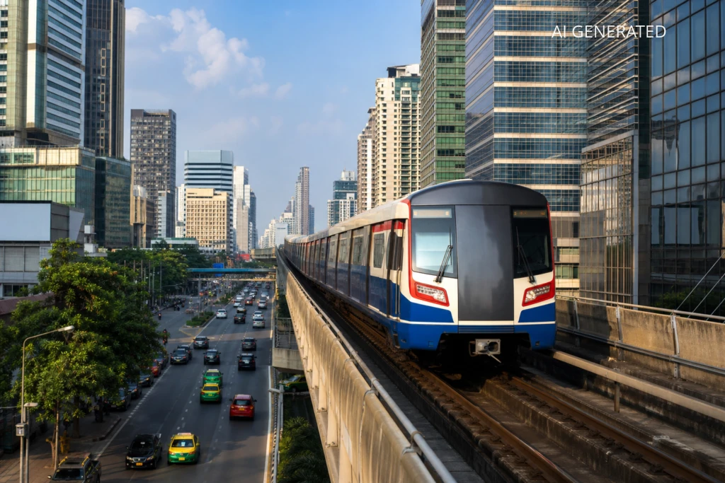 Fotorealistyczne zdjęcie przedstawia skład BTS Skytrain przejeżdżający po estakadzie nad ruchliwą ulicą w śródmieściu Bangkoku, z wysokimi biurowcami w tle. Ujęcie w naturalnej perspektywie wykorzystuje prowadzące linie torów i silną kompozycję pierwszego planu, z dominującymi chłodnymi odcieniami niebieskiego i szarości przełamanymi ciepłym światłem popołudniowym; widoczne są także kolorowe taksówki poniżej. Idealne do ilustracji artykułu lub przewodnika o transporcie miejskim i transferach lotniskowych; tagi: BTS, Skytrain, Bangkok, estakada, metro, taksówki, ruch miejski, fotografia editorial.