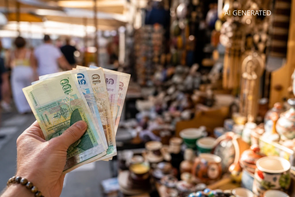 Realistyczne zdjęcie przedstawiające dłoń trzymającą wachlarz bułgarskich banknotów (lewa) na tle rozmytego targu z ceramiką i pamiątkami. Naturalna perspektywa i mała głębia ostrości eksponują gotówkę na pierwszym planie, a ciepła kolorystyka z przewagą zieleni, beży i brązów podkreśla atmosferę miejsca. Kompozycja nadaje się jako ilustracja redakcyjna do artykułu o płatnościach w Bułgarii — gotówka, karty, kantory i przykładowy budżet wakacyjny.