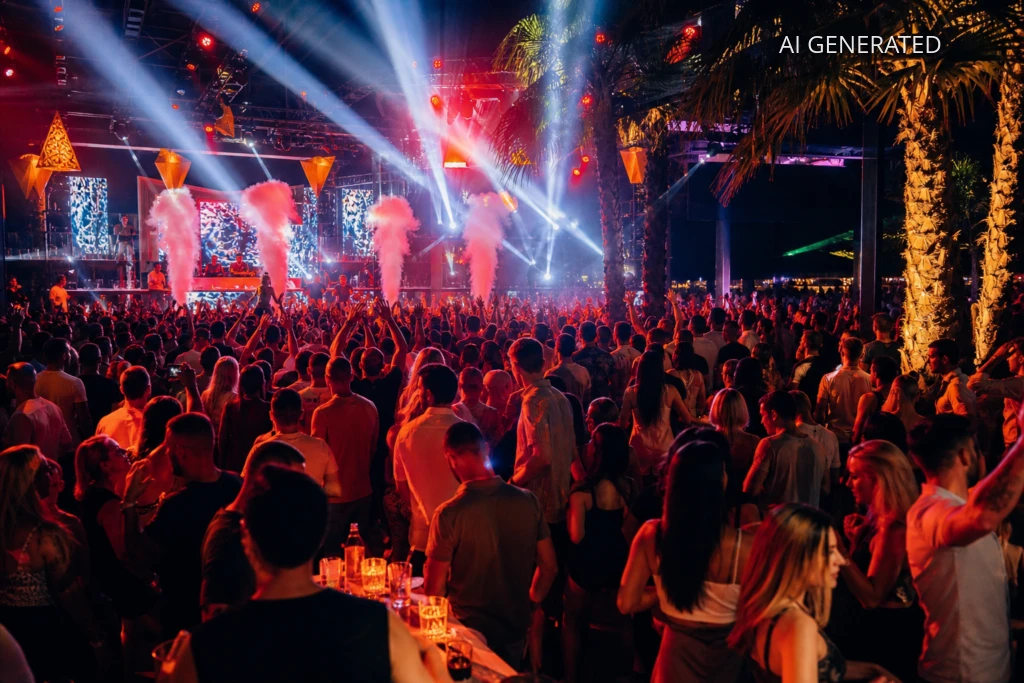 Realistyczne zdjęcie nocnej imprezy w dużym beach clubie w Bułgarii: tłum ludzi przed podświetloną sceną z DJ-em, kolumnami dymu i intensywnymi beamami świetlnymi. Kompozycja szerokiego kadru łączy tłum na pierwszym planie, centralnie ustawioną scenę i palmowe drzewa po prawej, dominujące ciepłe czerwono-pomarańczowe oświetlenie uzupełnione zimnymi niebiesko-białymi wiązkami. Zdjęcie nadaje się jako ilustracja artykułu o nocnym życiu, nagłówek przewodnika turystycznego lub materiał promocyjny klubu; słowa kluczowe: impreza, klub, beach bar, Bułgaria, DJ, scena, tłum, noc.