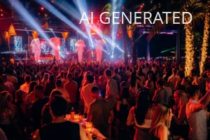 Realistyczne zdjęcie nocnej imprezy w dużym beach clubie w Bułgarii: tłum ludzi przed podświetloną sceną z DJ-em, kolumnami dymu i intensywnymi beamami świetlnymi. Kompozycja szerokiego kadru łączy tłum na pierwszym planie, centralnie ustawioną scenę i palmowe drzewa po prawej, dominujące ciepłe czerwono-pomarańczowe oświetlenie uzupełnione zimnymi niebiesko-białymi wiązkami. Zdjęcie nadaje się jako ilustracja artykułu o nocnym życiu, nagłówek przewodnika turystycznego lub materiał promocyjny klubu; słowa kluczowe: impreza, klub, beach bar, Bułgaria, DJ, scena, tłum, noc.