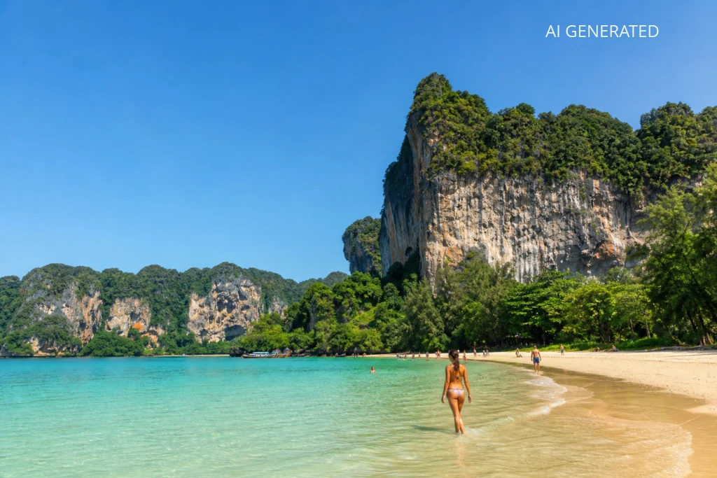 Fotorealistyczne ujęcie tropikalnej plaży w Krabi z monumentalnymi wapiennymi klifami w tle. Na pierwszym planie sylwetka osoby idącej brzegiem, turkusowa, przejrzysta woda i złoty piasek tworzą linię prowadzącą wzrok ku skalnym ścianom. Nasycone, realistyczne kolory — intensywne błękity nieba i morza, soczysta zieleń roślinności oraz ciepłe odcienie skał i piasku — przy naturalnym, miękkim świetle. Kompozycja i styl sprawdzają się jako ilustracja redakcyjna lub zdjęcie tytułowe do przewodnika porównawczego Phuket vs Krabi.