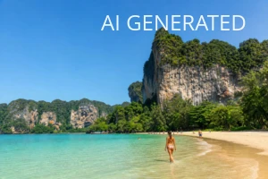 Fotorealistyczne ujęcie tropikalnej plaży w Krabi z monumentalnymi wapiennymi klifami w tle. Na pierwszym planie sylwetka osoby idącej brzegiem, turkusowa, przejrzysta woda i złoty piasek tworzą linię prowadzącą wzrok ku skalnym ścianom. Nasycone, realistyczne kolory — intensywne błękity nieba i morza, soczysta zieleń roślinności oraz ciepłe odcienie skał i piasku — przy naturalnym, miękkim świetle. Kompozycja i styl sprawdzają się jako ilustracja redakcyjna lub zdjęcie tytułowe do przewodnika porównawczego Phuket vs Krabi.