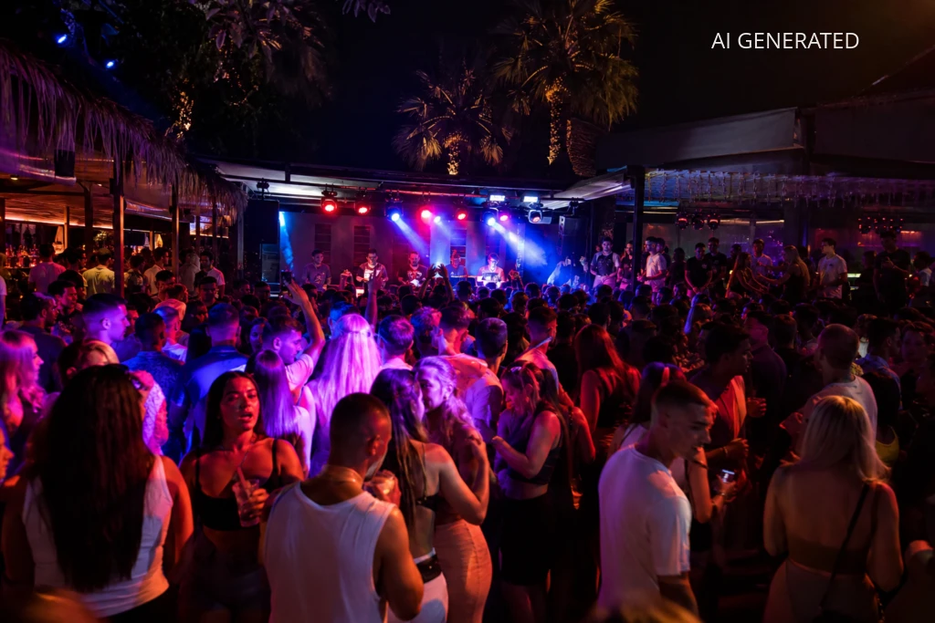 Fotografia przedstawia tłumną, nocną scenę klubową w Laganas na Zakynthos — parkiet i otwarty bar z DJ-em na podwyższeniu oraz palmami oświetlonymi w tle. Ujęcie wygląda jak realistyczne zdjęcie wykonane aparatem, z naturalną perspektywą, spójnym oświetleniem i intensywną kolorystyką neonów: purpury, niebieskiego i ciepłych bursztynowych refleksów. Kompozycja skupia się na pierwszym planie pełnym imprezowiczów, środkowej strefie z DJ-em i dalekim tle z palmami; nadaje się jako ilustracja do przewodnika po nocnym życiu, nagłówek artykułu turystycznego lub materiał promocyjny wydarzeń i klubów.