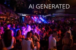 Fotografia przedstawia tłumną, nocną scenę klubową w Laganas na Zakynthos — parkiet i otwarty bar z DJ-em na podwyższeniu oraz palmami oświetlonymi w tle. Ujęcie wygląda jak realistyczne zdjęcie wykonane aparatem, z naturalną perspektywą, spójnym oświetleniem i intensywną kolorystyką neonów: purpury, niebieskiego i ciepłych bursztynowych refleksów. Kompozycja skupia się na pierwszym planie pełnym imprezowiczów, środkowej strefie z DJ-em i dalekim tle z palmami; nadaje się jako ilustracja do przewodnika po nocnym życiu, nagłówek artykułu turystycznego lub materiał promocyjny wydarzeń i klubów.