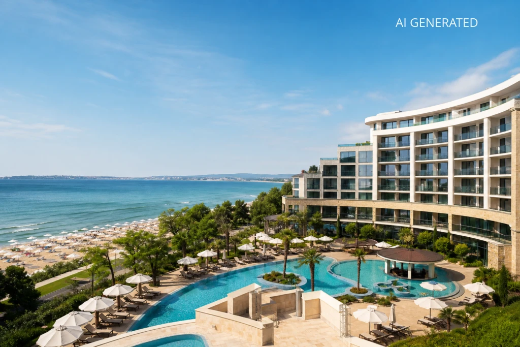 Fotorealistyczne zdjęcie przedstawiające nowoczesny, łukowaty hotel z tarasami i dużym basenem wychodzącym na piaszczystą plażę Morza Czarnego. Na pierwszym planie baseny, leżaki i parasole otoczone palmami; w tle spokojne, turkusowe morze i jasne, błękitne niebo. Ujęcie ma ciepłą, plażową kolorystykę (błękity, turkusy, piaskowe beże, zieleń) i zrównoważoną kompozycję z hotelem po prawej i plażą po lewej. Obraz wygląda jak fotografia marketingowa produktu i sprawdzi się jako ilustracja artykułu porównującego nowoczesne obiekty i starsze kurorty oraz jako materiał promocyjny dla rodzin, par i osób planujących nocleg.