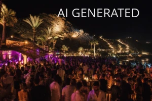 Fotografia przedstawia zatłoczony beach club na Mykonos w nocy — typową scenę Paradise Beach: tłum bawiących się ludzi przy stolikach i barze, podświetlone palmy oraz skaliste wzgórze w tle. Realistyczne, szerokokątne ujęcie z naturalną perspektywą, ciepłą bursztynową iluminacją przełamaną magentowymi reflektorami i głębokim, granatowym niebem. Kompozycja akcentuje pierwszy plan z tłumem, środkową strefę klubu i oświetlony szlak na wzgórzu nad zatoką. Obraz nadaje się jako ilustracja artykułu przewodnikowego o nocnym życiu Mykonos, nagłówek do portalu podróżniczego lub materiał promocyjny miejsca.