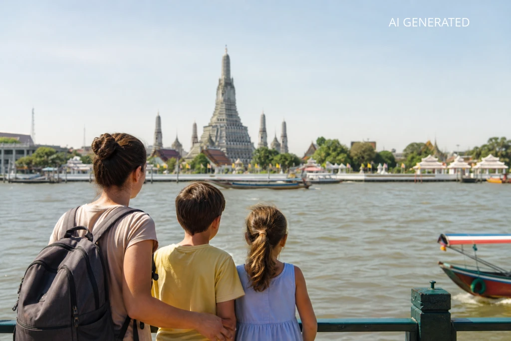 Fotografia realistyczna pokazuje matkę z dwojgiem dzieci stojących nad brzegiem rzeki i oglądających charakterystyczną świątynię Wat Arun na drugim brzegu. Styl zdjęcia jest naturalny, wykonane w świetle dziennym z ciepłą, stonowaną paletą barw — błękity nieba i wody przełamane beżami i zielenią brzegu. Kompozycja umieszcza rodzinę w pierwszym planie z tyłu, rzekę w środku kadru i monumentalną świątynię centralnie w tle, z akcentem na przepływającą łódź jako element transportu. Ujęcie nadaje się jako ilustracja do artykułu-przewodnika o Bangkoku z dziećmi, materiałów informacyjnych o atrakcjach rodzinnych i promocji noclegów lub transportu.