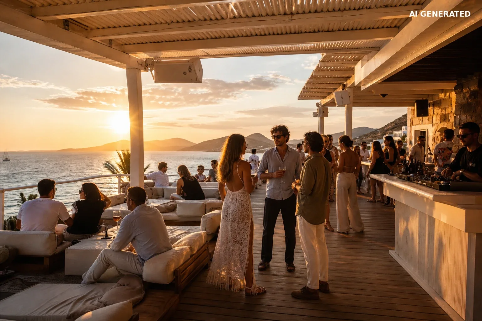 Elegancki beach bar na Mykonos podczas zachodu słońca nad Morzem Egejskim.