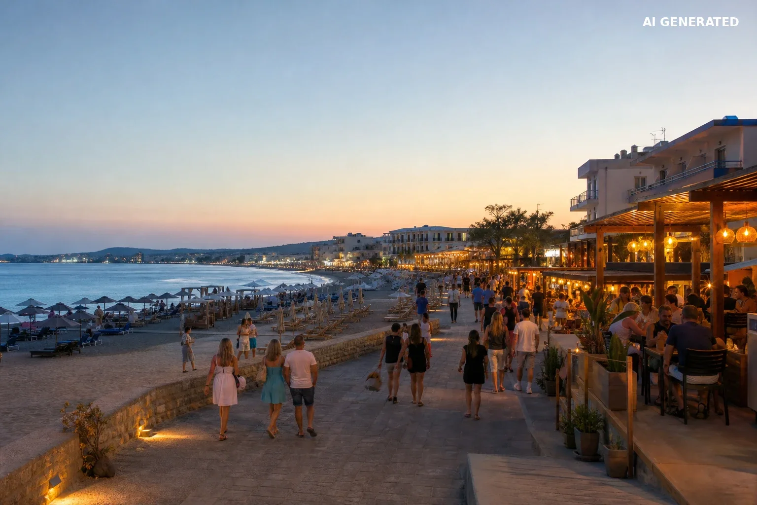Plaża i nadmorska promenada w Faliraki o wczesnym wieczorze.