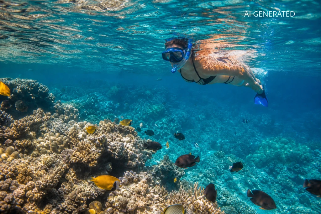 Fotografia przedstawia snorkelera unoszącego się tuż nad kolorową rafą koralową u wybrzeży Seszeli, z widocznymi drobnymi tropikalnymi rybami pływającymi wokół. Realistyczny styl zdjęcia, naturalna perspektywa i miękkie słoneczne oświetlenie podkreślają turkusowe i głębokoniebieskie tony wody oraz ciepłe żółcie i brązy korali i ryb. Kompozycja łączy intensywny pierwszy plan z rafą i ławicami ryb oraz bardziej rozmyte tło, dając poczucie głębi; obraz idealny jako ilustracja artykułu podróżniczego o snorkelingu, przewodnik po miejscach nurkowych lub materiał promocyjny o atrakcjach podwodnych Seszeli.