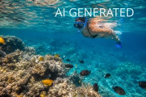 Fotografia przedstawia snorkelera unoszącego się tuż nad kolorową rafą koralową u wybrzeży Seszeli, z widocznymi drobnymi tropikalnymi rybami pływającymi wokół. Realistyczny styl zdjęcia, naturalna perspektywa i miękkie słoneczne oświetlenie podkreślają turkusowe i głębokoniebieskie tony wody oraz ciepłe żółcie i brązy korali i ryb. Kompozycja łączy intensywny pierwszy plan z rafą i ławicami ryb oraz bardziej rozmyte tło, dając poczucie głębi; obraz idealny jako ilustracja artykułu podróżniczego o snorkelingu, przewodnik po miejscach nurkowych lub materiał promocyjny o atrakcjach podwodnych Seszeli.