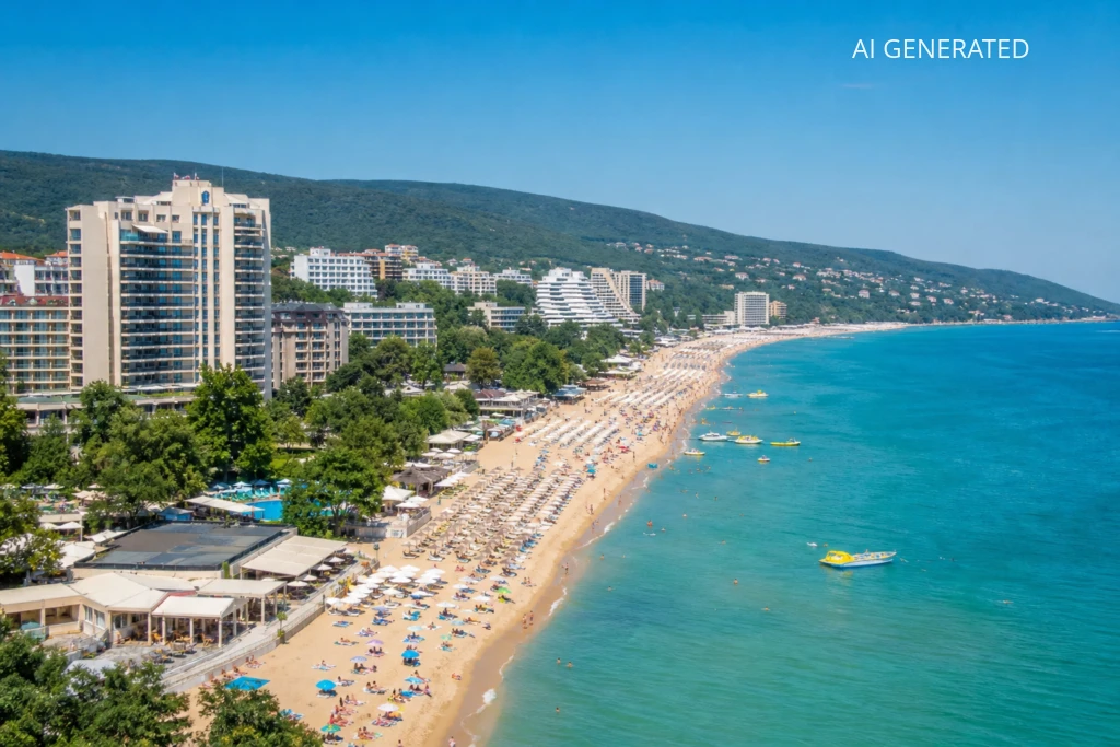 Panoramiczne, realistyczne zdjęcie przedstawia fragment kurortu Złote Piaski w Bułgarii: szeroką, piaszczystą plażę wysłaną rzędami parasoli i leżaków oraz linię wysokich hoteli na tle zielonych wzgórz. Kompozycja z lekko podwyższonej perspektywy prowadzi wzrok wzdłuż krzywizny brzegu ku turkusowemu morzu z kilkoma małymi łodziami, a oświetlenie słoneczne i żywe, naturalne kolory podkreślają wakacyjny charakter. Zdjęcie nadaje się do ilustracji przewodnika turystycznego, artykułu podróżniczego lub materiałów promocyjnych o destynacji, sprawdzając się jako nagłówek, banner lub okładka.