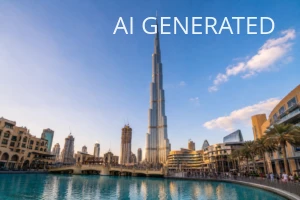 Fotografia przedstawia ikoniczny widok na wieżę Burj Khalifa w centrum Dubaju, sfotografowaną z niskiej perspektywy nad sztucznym jeziorem z promenadą i mostem na pierwszym planie. Realistyczne zdjęcie wykonane aparatem, z naturalną perspektywą i spójnym oświetleniem; ciepła późnopopołudniowa kolorystyka łączy błękit nieba, złociste odbicia na szklanych elewacjach i turkusową wodę. Kompozycja skupia wzrok na centralnej osi wieży i nadaje obrazowi zastosowanie jako ilustrację przewodnika turystycznego, nagłówek artykułu lub materiał promocyjny o atrakcjach Dubaju.