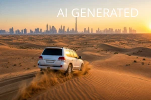 Realistyczne panoramiczne zdjęcie przedstawia biały SUV przecinający piaszczyste wydmy o zachodzie słońca z wyraźną sylwetką Burj Khalifa i panoramą Dubaju na horyzoncie. Dominują ciepłe, złoto-pomarańczowe barwy i miękkie światło zmierzchu; kompozycja wykorzystuje prowadzące linie śladów na piasku oraz dynamikę unoszącego się kurzu. Ujęcie w reporterskim, fotograficznym stylu podkreśla kontrast między dziką pustynią a futurystycznym skyline i nadaje się jako ilustracja artykułu podróżniczego lub materiał promocyjny usług safari i planu zwiedzania Dubaju.