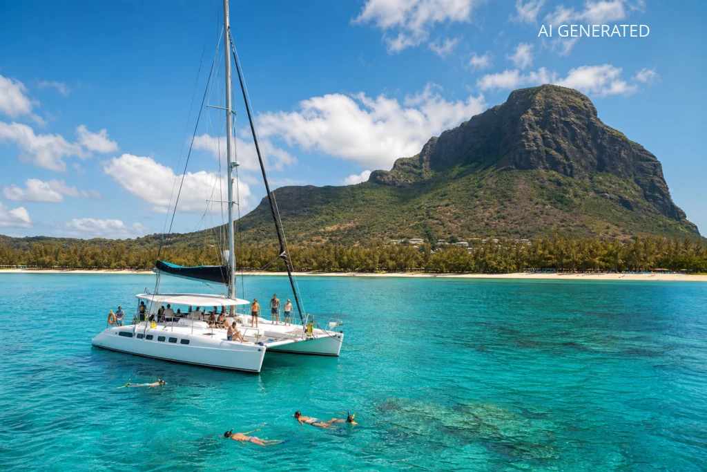 Fotografia przedstawia biały katamaran zacumowany na spokojnej, turkusowej wodzie u wybrzeży Mauritiusa z charakterystyczną górą Le Morne w tle. Na pierwszym planie widoczni są pasażerowie na pokładzie oraz snorkelerzy unoszący się przy łodzi, akcentując atrakcje rejsów: kąpiele i nurkowanie. Realistyczny, reporterski styl, naturalne oświetlenie oraz żywa, ciepła kolorystyka czynią obraz idealnym do ilustracji artykułu o rejsach katamaranem, poradniku tras i ofertach turystycznych.
