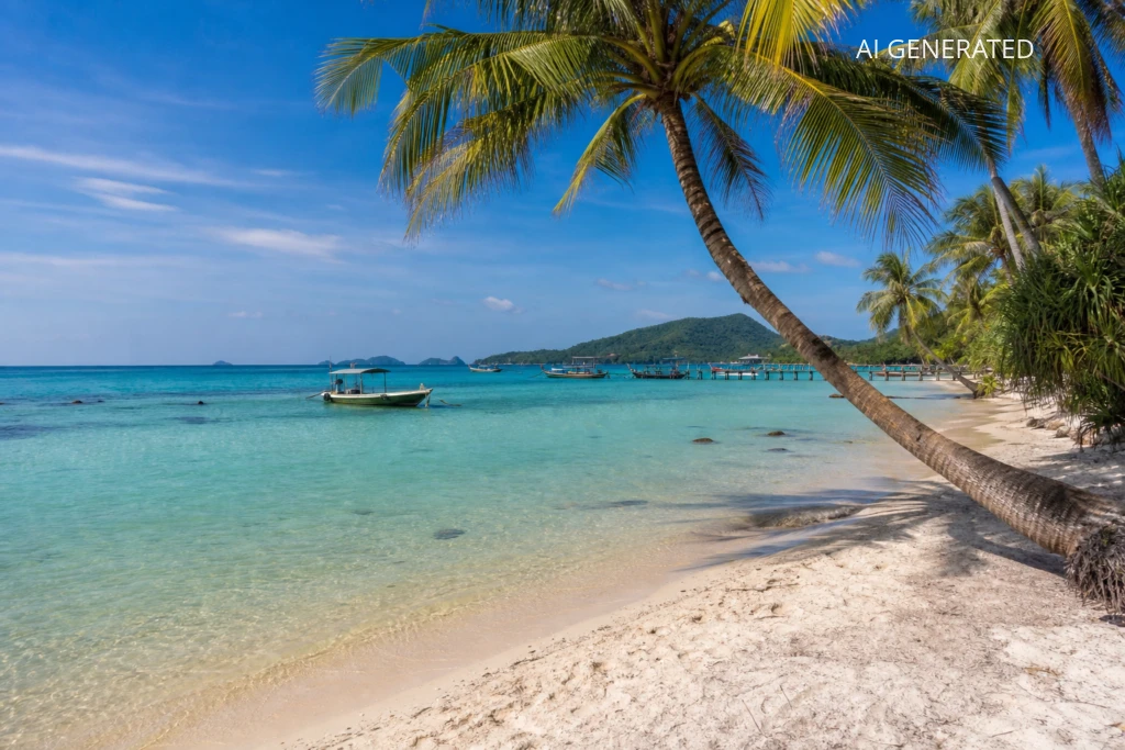 Fotografia przedstawia jedno spójne ujęcie tropikalnej plaży na Phu Quoc — w kadrze dominują pochylone palmy, biały piasek i turkusowe, przejrzyste morze z przycumowaną łódką. Realistyczny styl zdjęcia, naturalne światło i nasycone kolory (głębokie niebo, zielenie palm i przejrzysta aqua woda) tworzą kompozycję prowadzącą wzrok od pierwszego planu ku pomostowi i wyspom na horyzoncie. Zdjęcie nadaje się jako ilustracja poradnikowego artykułu „Phu Quoc czy warto?” — podkreśla zalety wyspy (plaże, snorkeling, spokojna zatoka) i może służyć jako zdjęcie nagłówkowe do przewodnika lub porównania z innymi miejscami w Wietnamie.