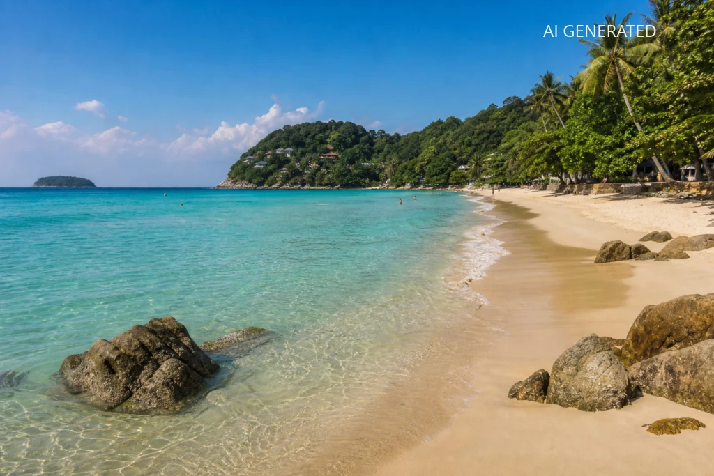 Realistyczne zdjęcie zatoki na Phuket z piaszczystą plażą i turkusowym morzem, ukazujące łagodnie opadające fale, skalne głazy na pierwszym planie i porośnięty palmami cypel w tle. Naturalna perspektywa, spójne słoneczne oświetlenie i żywa kolorystyka — od kremowego piasku przez przejrzystą turkusową wodę po intensywną zieleń wzgórz i głęboki błękit nieba. Kompozycja z linią brzegową prowadzącą wzrok ku zatoce sprawia, że obraz świetnie nadaje się jako zdjęcie główne do artykułu podróżniczego, nagłówek przewodnika po plażach Phuket lub grafika do strony i social media.