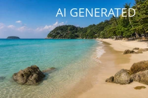 Realistyczne zdjęcie zatoki na Phuket z piaszczystą plażą i turkusowym morzem, ukazujące łagodnie opadające fale, skalne głazy na pierwszym planie i porośnięty palmami cypel w tle. Naturalna perspektywa, spójne słoneczne oświetlenie i żywa kolorystyka — od kremowego piasku przez przejrzystą turkusową wodę po intensywną zieleń wzgórz i głęboki błękit nieba. Kompozycja z linią brzegową prowadzącą wzrok ku zatoce sprawia, że obraz świetnie nadaje się jako zdjęcie główne do artykułu podróżniczego, nagłówek przewodnika po plażach Phuket lub grafika do strony i social media.