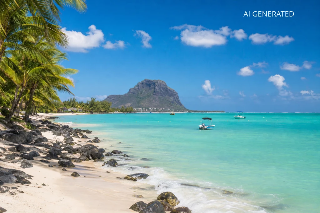 Realistyczne zdjęcie przedstawia tropikalną plażę na Mauritiusie z charakterystyczną górą Le Morne w tle, turkusową laguną i kilkoma niewielkimi łodziami na wodzie. W kadrze dominuje diagonalna linia brzegowa z białym piaskiem, czarnymi skałami na pierwszym planie i koronami palm wpadającymi od lewej, co prowadzi wzrok ku masywowi górskiemu. Naturalne, nasycone barwy — turkusy, błękity, zielenie i kontrastująca biel — oraz miękkie dzienne oświetlenie nadają zdjęciu stylu fotografii podróżniczej; świetne jako ilustracja do artykułu, przewodnika po Mauritiusie lub materiałów marketingu turystycznego.