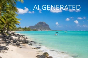 Realistyczne zdjęcie przedstawia tropikalną plażę na Mauritiusie z charakterystyczną górą Le Morne w tle, turkusową laguną i kilkoma niewielkimi łodziami na wodzie. W kadrze dominuje diagonalna linia brzegowa z białym piaskiem, czarnymi skałami na pierwszym planie i koronami palm wpadającymi od lewej, co prowadzi wzrok ku masywowi górskiemu. Naturalne, nasycone barwy — turkusy, błękity, zielenie i kontrastująca biel — oraz miękkie dzienne oświetlenie nadają zdjęciu stylu fotografii podróżniczej; świetne jako ilustracja do artykułu, przewodnika po Mauritiusie lub materiałów marketingu turystycznego.