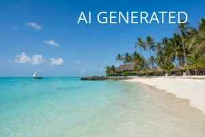 Fotografia ukazuje idylliczną, piaszczystą plażę Zanzibaru z krystalicznie turkusową wodą i tradycyjną łodzią dhow na horyzoncie. W prawej części kadru widoczne są wysokie palmy, strawiatowe dachy i leżaki przy beach resort, kompozycja oparta na szerokim kącie i naturalnej perspektywie. Realistyczny styl, nasycone lecz naturalne kolory i miękkie światło dzienne sprawiają, że obraz idealnie nadaje się jako ilustracja artykułu podróżniczego, nagłówek serwisu lub materiał promocyjny o plażach i snorkelingu.