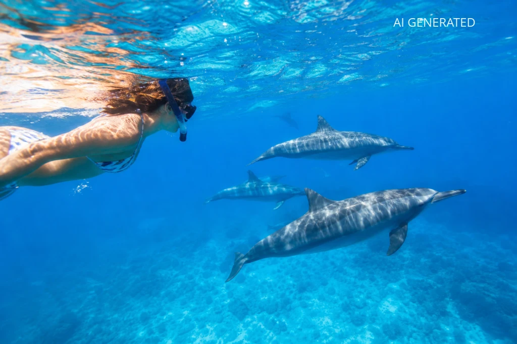 Fotografia przedstawia naturalne spotkanie snorkelarki z grupą delfinów w krystalicznie czystej, płytkiej wodzie u wybrzeży Mauritiusa. Głównymi obiektami są kobieta w masce do snorkelowania i kilka delfinów pływających równolegle; obraz ma realistyczny styl fotograficzny, naturalne oświetlenie i wyraźne, intensywne błękity i turkusy z migotającymi refleksami słonecznymi na ciałach zwierząt. Kompozycja układa się diagonalnie z postacią po lewej i delfinami przesuwającymi się w głąb kadru; zdjęcie nadaje się jako ilustracja do artykułu, przewodnika lub materiału edukacyjnego o snorkelingu, nurkowaniu i odpowiedzialnej obserwacji przyrody.