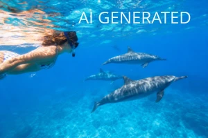 Fotografia przedstawia naturalne spotkanie snorkelarki z grupą delfinów w krystalicznie czystej, płytkiej wodzie u wybrzeży Mauritiusa. Głównymi obiektami są kobieta w masce do snorkelowania i kilka delfinów pływających równolegle; obraz ma realistyczny styl fotograficzny, naturalne oświetlenie i wyraźne, intensywne błękity i turkusy z migotającymi refleksami słonecznymi na ciałach zwierząt. Kompozycja układa się diagonalnie z postacią po lewej i delfinami przesuwającymi się w głąb kadru; zdjęcie nadaje się jako ilustracja do artykułu, przewodnika lub materiału edukacyjnego o snorkelingu, nurkowaniu i odpowiedzialnej obserwacji przyrody.