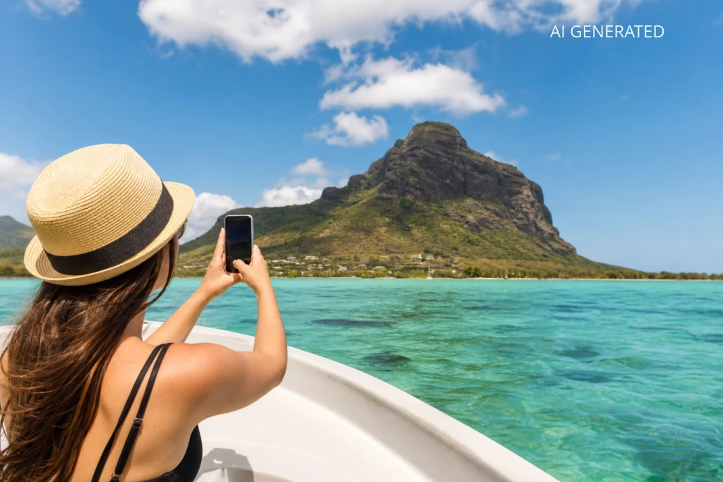 Fotografia przedstawia turystkę w słomkowym kapeluszu stojącą na dziobie łodzi i robiącą zdjęcie charakterystycznemu szczytowi Le Morne Brabant na Mauritiusie. Motyw przewodni to wycieczka fakultatywna z resortu — w kadrze dominują turkusowe wody zatoki, zielone zbocza góry i jasnoniebieskie niebo, zdjęcie w realistycznym stylu wykonane aparatem z naturalnym oświetleniem i perspektywą. Kompozycja z postacią w pierwszym planie i masywnym szczytem w tle nadaje obrazowi informacyjny charakter; idealne jako ilustracja nagłówka artykułu lub poradnikowy materiał ilustrujący wybór atrakcji fakultatywnych z resortów.