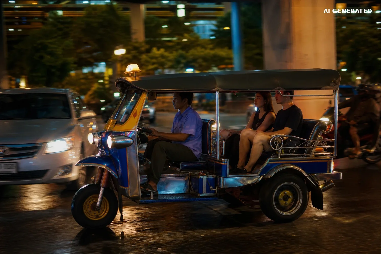 Tuk-tuk z pasażerami jadący wieczorem ulicą Bangkoku.