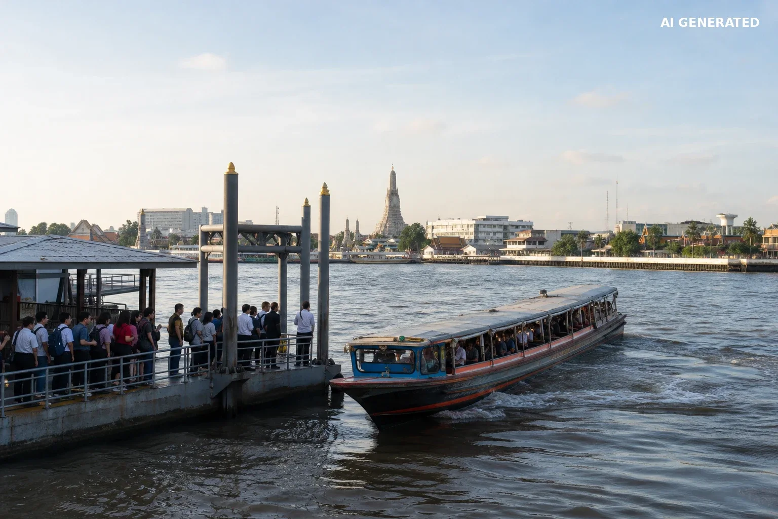Publiczna łódź pasażerska dopływająca do przystani na rzece Chao Phraya.