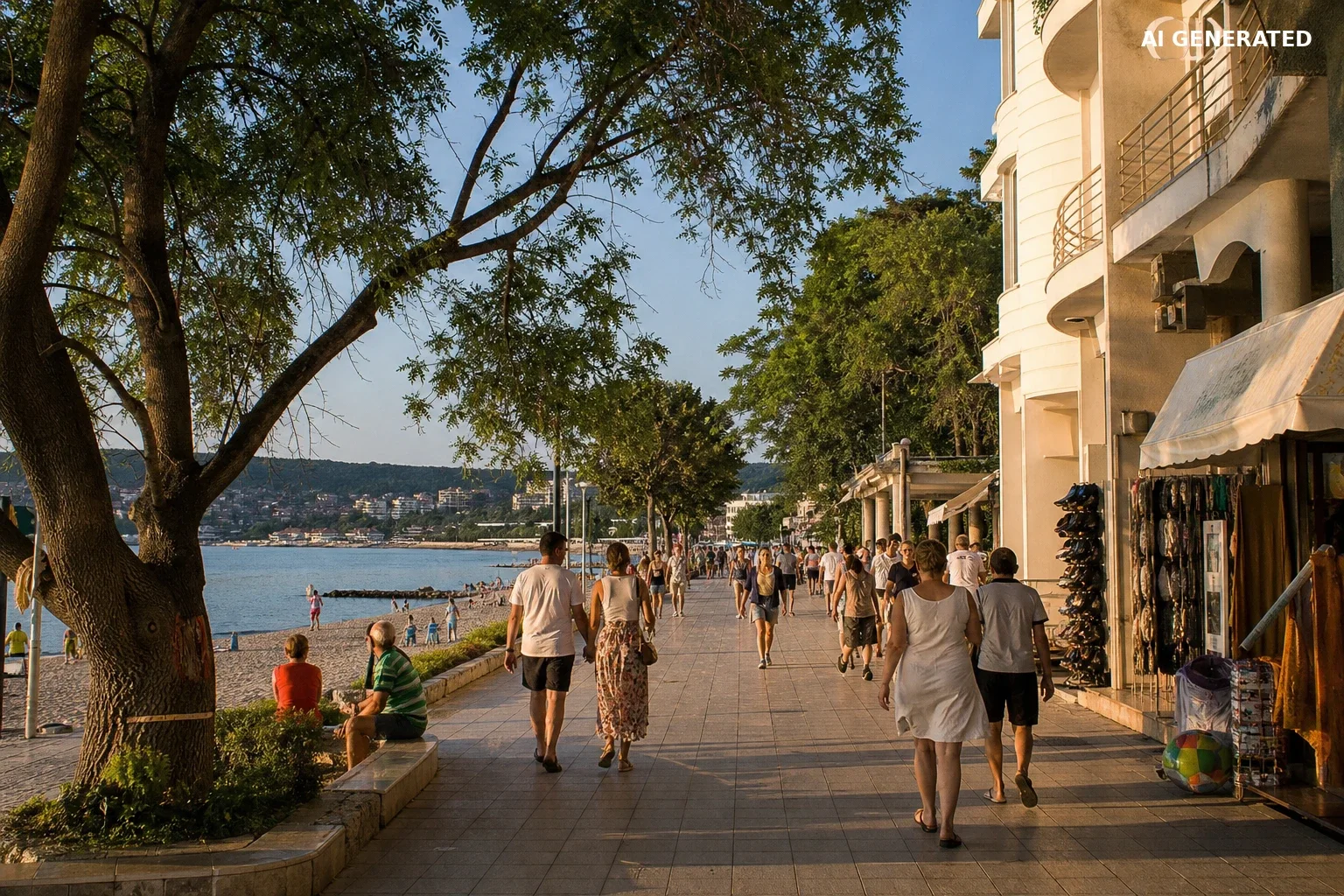 Starszy bułgarski kurort z promenadą, plażą i wakacyjną zabudową