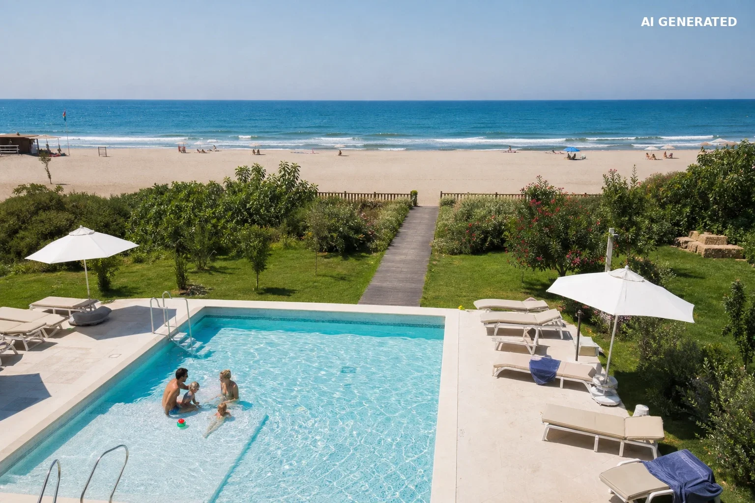 Basen hotelowy położony tuż obok piaszczystej plaży nad Morzem Czarnym