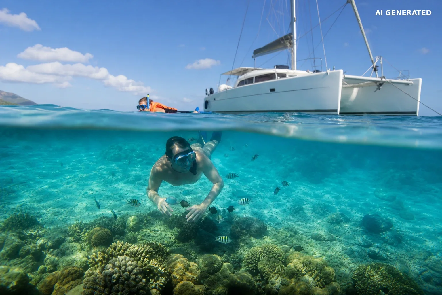Snorkeling przy rafie podczas postoju katamaranu w lagunie Mauritiusa