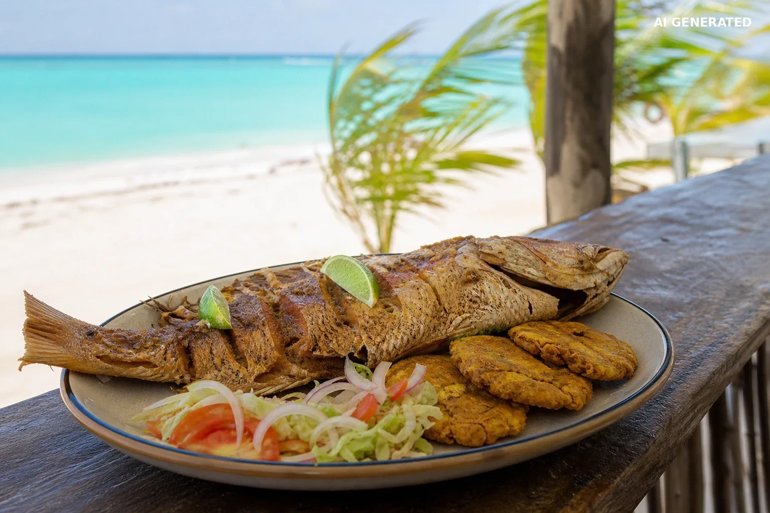 Smażona ryba z tostones, limonką i sałatką podana przy karaibskiej plaży.