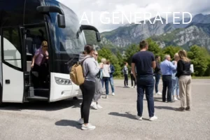 Fotorealistyczne zdjęcie przedstawia autokar zatrzymany na górskim parkingu podczas postoju, z grupą pasażerów w casualowych ubraniach, widocznym plecakiem i osobą trzymającą kubek kawy. Kompozycja opiera się na kontrastowym układzie — jasny przód autokaru po lewej, klaster ludzi na środku kadru i rozległe, skaliste góry w tle nadające głębię; kolorystyka jest naturalna, z przewagą zieleni, błękitu i stonowanych tonów. Miękkie, naturalne światło i realistyczna perspektywa czynią fotografię odpowiednią jako ilustracja artykułu poradnikowego o wycieczkach autokarowych, przygotowaniu bagażu, postojach i bezpieczeństwie podróży.