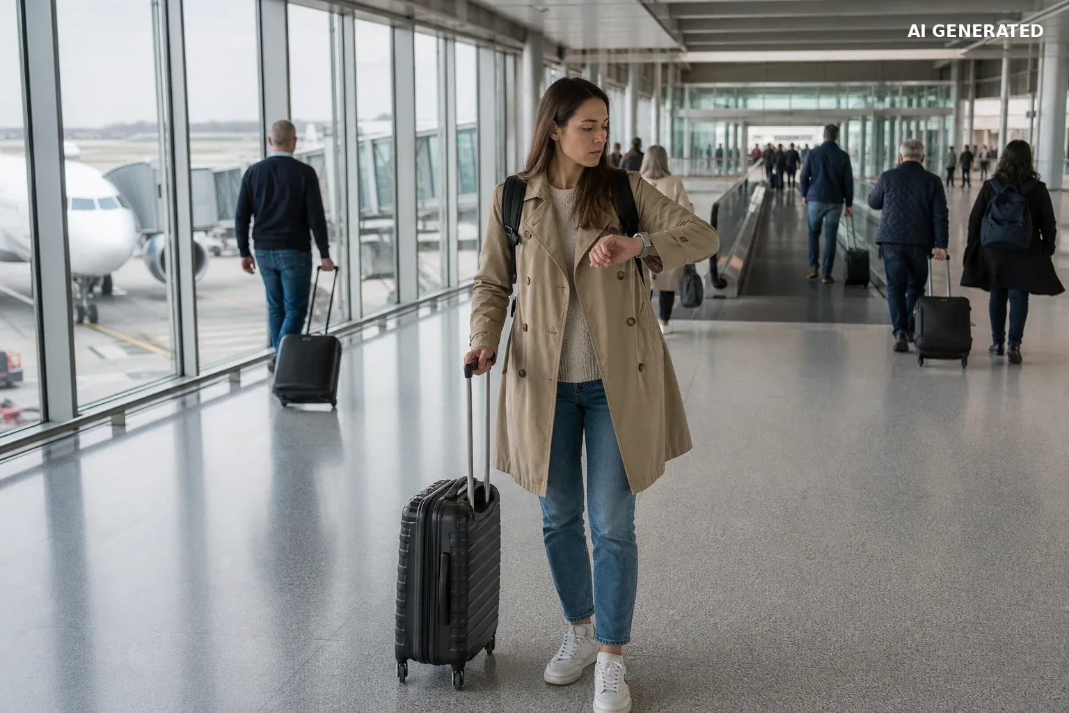 Podróżna sprawdzająca czas podczas przesiadki w dużym terminalu