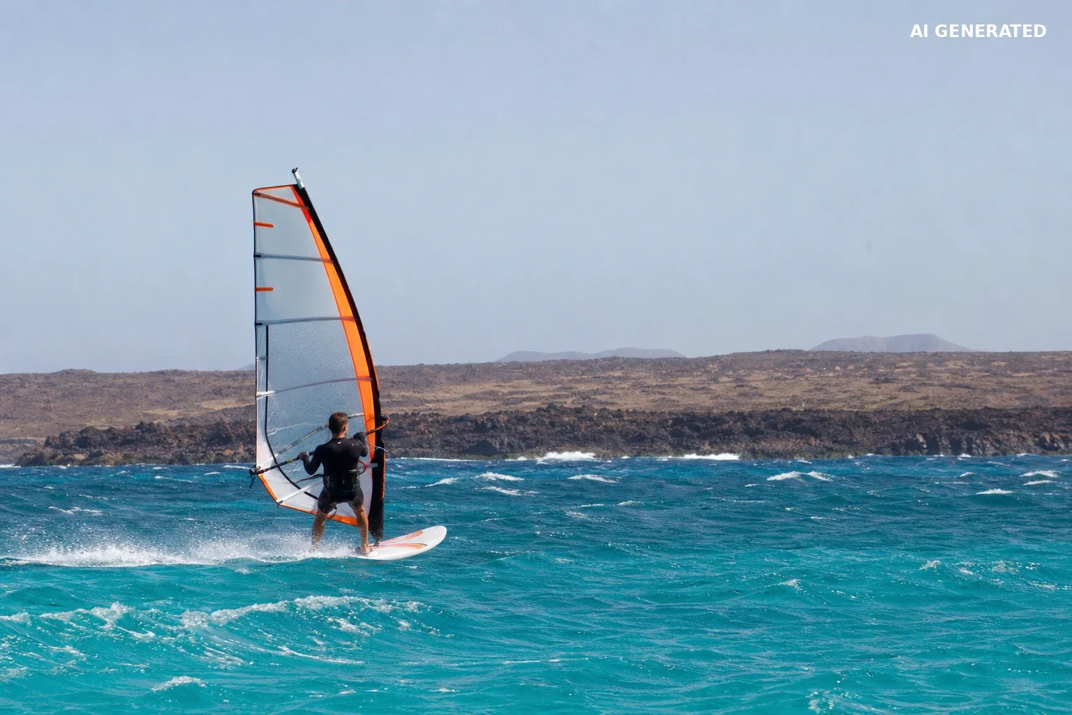 Windsurfer na oceanie u wulkanicznego wybrzeża Lanzarote w słoneczny, wietrzny dzień.
