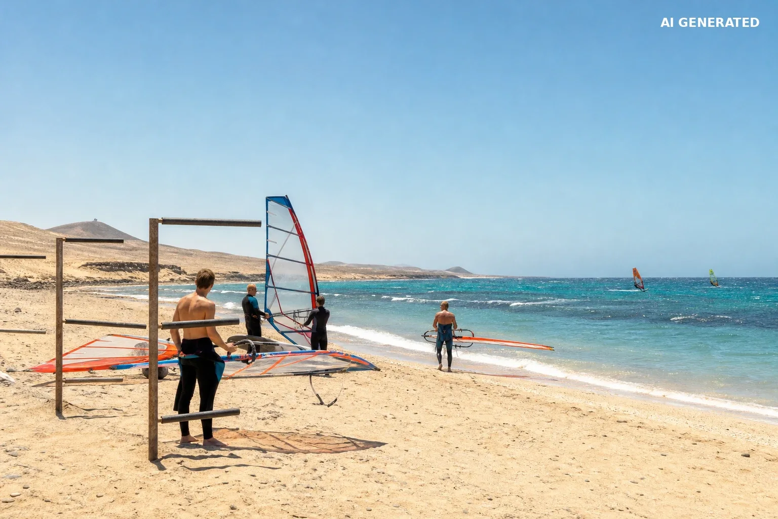 Windsurferzy przygotowują sprzęt na szerokiej, wietrznej plaży Fuerteventury.