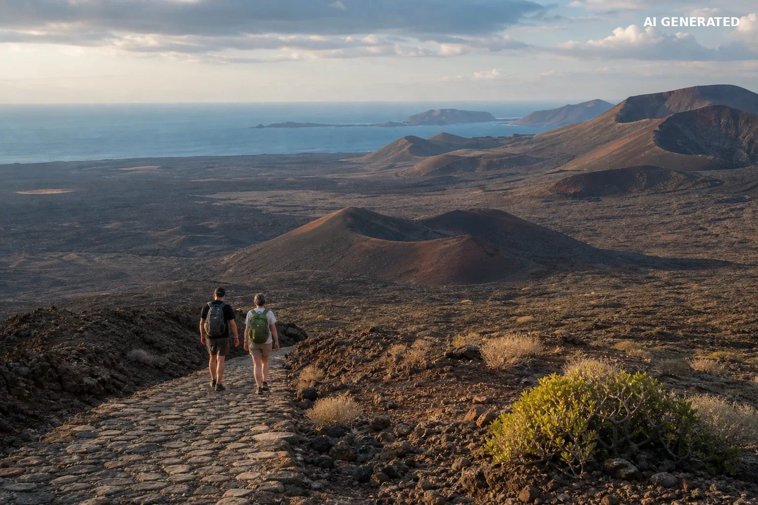 Turyści wędrują przez rozległy wulkaniczny krajobraz Lanzarote z oceanem w oddali.