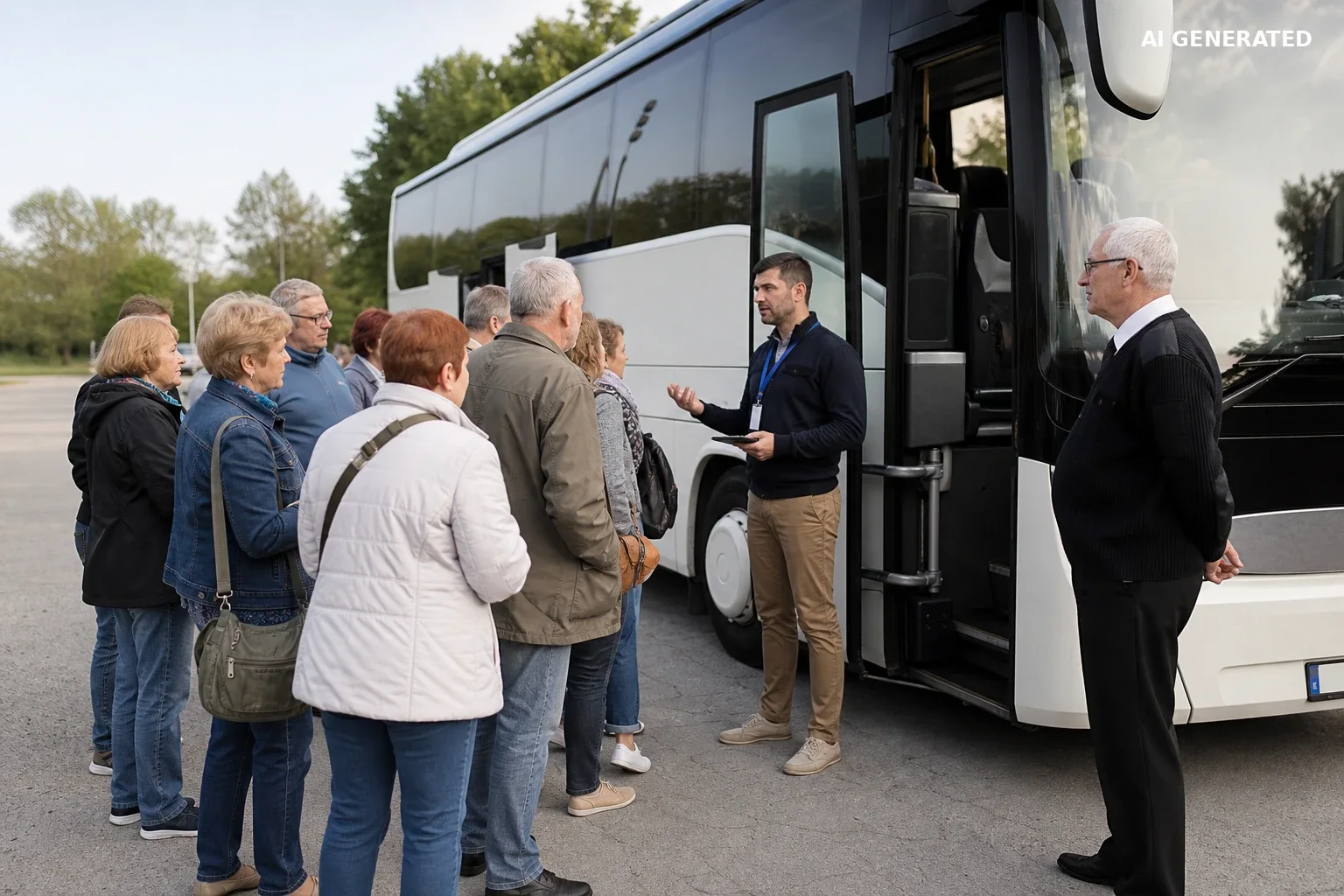 Pilot przekazuje grupie informacje przed wejściem do autokaru.