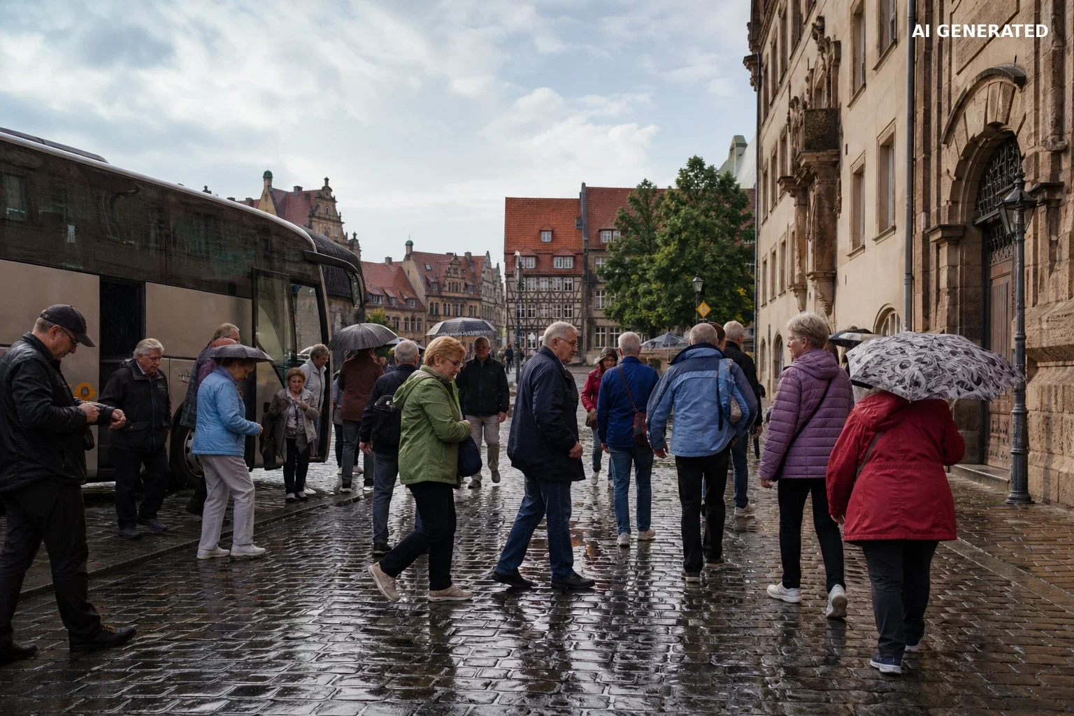 Turyści zwiedzają europejskie miasto podczas lekkiego deszczu.