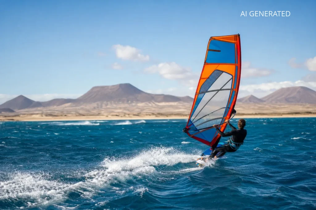 Fotografia ukazuje windsurfera na pełnym morzu z pomarańczowo‑niebieskim żaglem, na tle suchych, wulkanicznych wzgórz sugerujących krajobraz Fuerteventury lub Lanzarote. Główne elementy to dynamiczna postać na desce, rozbita piana fal i szeroki pas turkusowo‑granatowej wody; naturalne światło i nasycone kolory nadają obrazowi realistyczny, reporterski styl. Kompozycja z zawodnikiem przesuniętym w prawo i niską linią horyzontu podkreśla prędkość i warunki wiatrowe; zdjęcie nadaje się jako ilustracja artykułu porównawczego o wiatrze i sportach wodnych, przewodnika turystycznego lub materiału redakcyjnego.