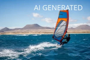 Fotografia ukazuje windsurfera na pełnym morzu z pomarańczowo‑niebieskim żaglem, na tle suchych, wulkanicznych wzgórz sugerujących krajobraz Fuerteventury lub Lanzarote. Główne elementy to dynamiczna postać na desce, rozbita piana fal i szeroki pas turkusowo‑granatowej wody; naturalne światło i nasycone kolory nadają obrazowi realistyczny, reporterski styl. Kompozycja z zawodnikiem przesuniętym w prawo i niską linią horyzontu podkreśla prędkość i warunki wiatrowe; zdjęcie nadaje się jako ilustracja artykułu porównawczego o wiatrze i sportach wodnych, przewodnika turystycznego lub materiału redakcyjnego.