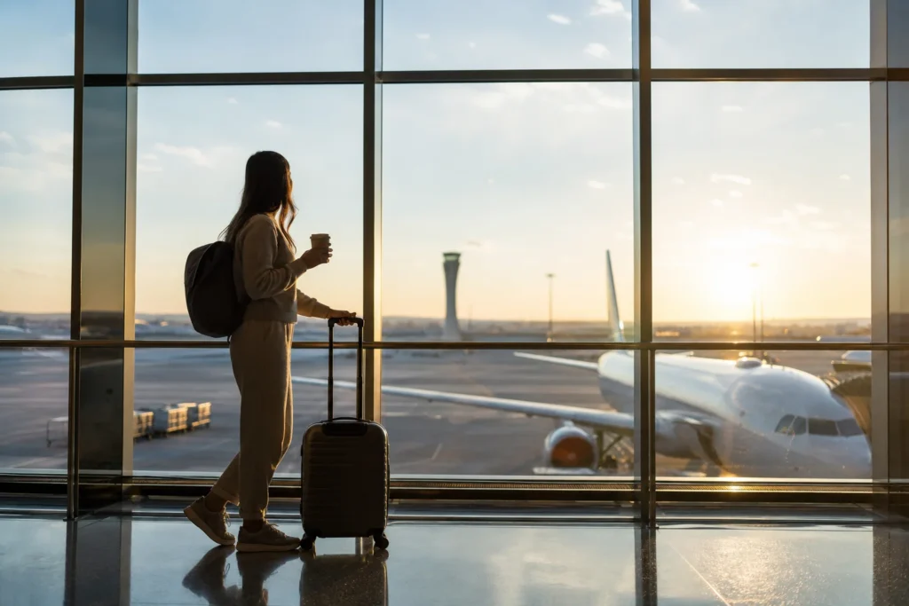 Motyw przewodni to podróż i przesiadka w Doha przedstawiona jedną sceną — sylwetka podróżnej z walizką i kawą przy szerokim oknie terminalu, z zaparkowanym samolotem na płycie i wieżą kontroli lotów w tle. Styl realistycznej fotografii: naturalna perspektywa, spójne oświetlenie i ciepła, złota kolorystyka wschodu/zachodu słońca z miękkimi cieniami. Kompozycja jest symetryczna i narracyjna (postać po lewej, samolot po prawej), nadaje się jako ilustracja artykułu o roli Dohy jako hubu lotniczego, poradników przesiadkowych oraz materiałów redakcyjnych i marketingowych o podróżach.