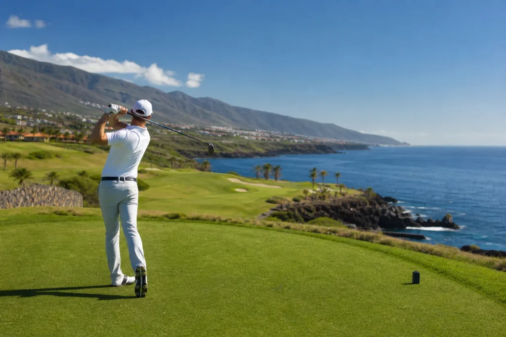 Fotografia pokazuje golfistę wykonującego zamach na tee pola golfowego usytuowanego na klifie nad oceanem, z zielonym fairwayem prowadzącym do skalistego wybrzeża i palmami w tle. Realistyczny, reporterski styl z naturalnym oświetleniem, nasyconą kolorystyką (intensywna zieleń trawy i głęboki błękit morza) oraz kompozycją wykorzystującą linie prowadzące i zasadę trójpodziału. Główne obiekty to gracz, pole golfowe, klif i morze; obraz ma perspektywę z tyłu gracza, co podkreśla skalę krajobrazu. Nadaje się jako ilustracja artykułu o kierunkach na wakacje z golfem, zdjęcie stockowe lub materiał marketingowy resortu golfowego.