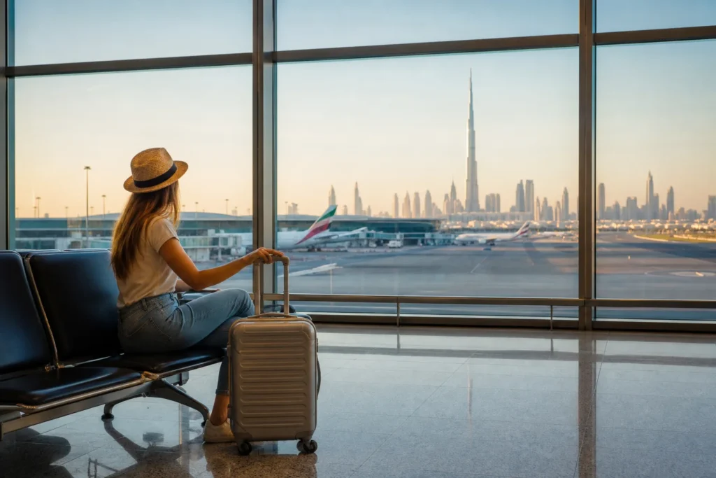 Fotografia pokazuje pasażera siedzącego przy oknie nowoczesnego terminalu w Dubaju, z walizką u boku i widokiem na pas startowy oraz sylwetkę Burj Khalifa w tle. Realistyczne, reporterskie ujęcie wykonane w świetle złotej godziny — stonowane błękity wnętrza łączą się z ciepłymi, złotawymi odcieniami miasta; kompozycja opiera się na silnym pierwszym planie z postacią i bagażem oraz szerokim panoramicznym oknem jako ramie obrazu. Zdjęcie sprawdzi się jako ilustracja artykułu o Dubaju jako hubie przesiadkowym, propozycjach wczasów i ofertach last minute, a także w materiałach marketingowych linii lotniczych i serwisów turystycznych.